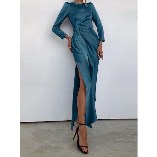 2021 Fashion Elegant Satin Dress Celmia Sexy Slit Night Club Party Bodycon Dresses Long Sleeve Solid Belted Formal Vestidos