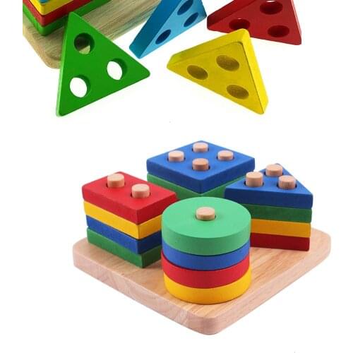Baby Toys Educational Colorful Wooden Geometric Sorting Board Montessori Kids Educational Toys Stack Building Puzzle Child Gift