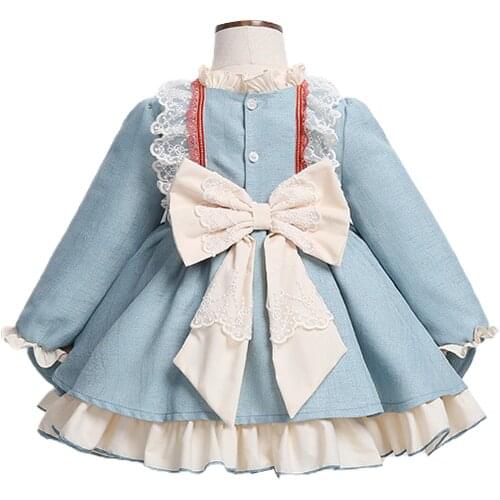 Lolita Style Girls Kids Dress Baby Party Dresses Long Sleeve Bow Spanish Palace Wedding Dress Girl Ball Gown Princess Vestidos