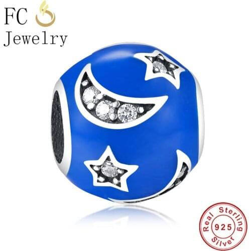 FC Jewelry Fit Original Brand Charm Bracelet 925 Sterling Silver Moon Star Mix Clear Crystal Blue Enamel Beads Making Berloque