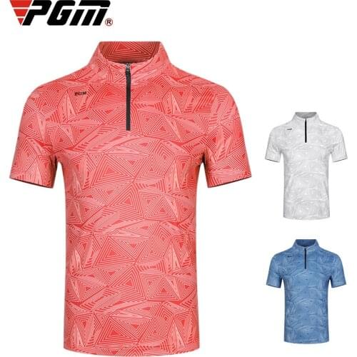 PGM Mens Printed Golf T-Shirt Summer Golf Apparel Short Sleeve Zipper Collar Shirts Male Quick Dry Training Top Golf Sportswear