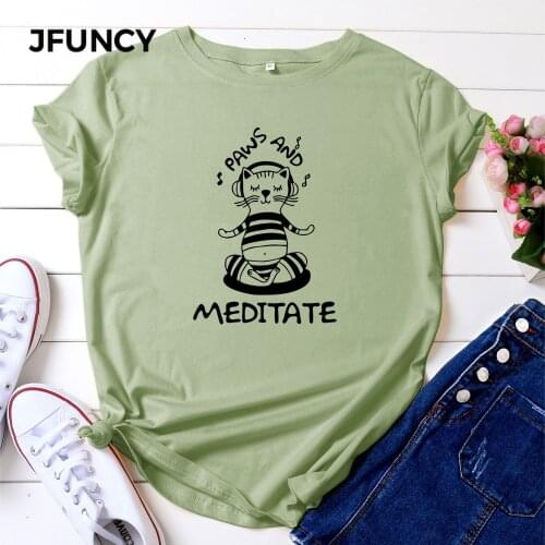 JFUNCY Oversize Womens T-shirts 100% Cotton O-Neck Short Sleeve Women Summer Tops Cat Print Lady Casual T Shirt Female Tees