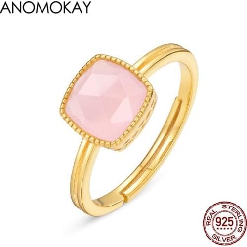 Anomokay Synthetic Powder Square Pink Crystal Rings Simple Candy Color Sterling 925 Silver Freesize Rings for Fashion Gift