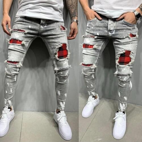 Brand New Men´s Slim Ripped Vintage Patch Jeans Stretch Tapered Leg Long Skinny Pencil Denim Pants for Casual and Street Shoot