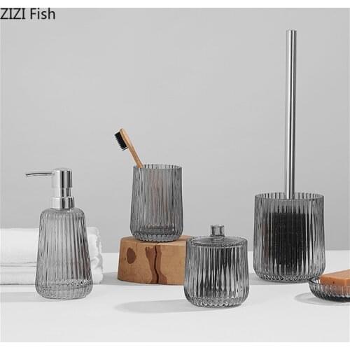 Grey Glass Wash Kit Soap Bottle Mouthwash Cup Set Toilet Brush Cotton Swab Box Soap Dish Nordic Home Bathroom Accessories Set