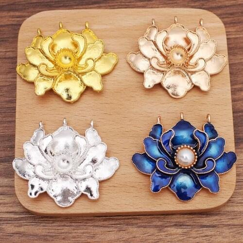 5 PCS 41x48mm Metal Alloy Lotus Flower Connector Setting Enamel Flower Base DIY Hair Accessories For Jewelry Making