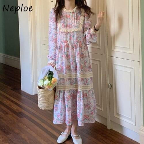 Neploe Heavy Work Lace Hook Flower Elegant Dress Women High Waist Hip A Line Long Vestido O Neck Pullover Long Sleeve Plaid Robe