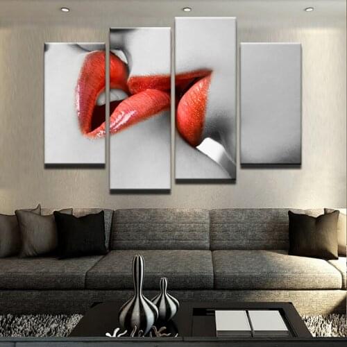 Posters Picture On Canvas Wall Art Home Framework Living Room 4 Panel Red Lips Modular Decoration HD Printed Modern Painting