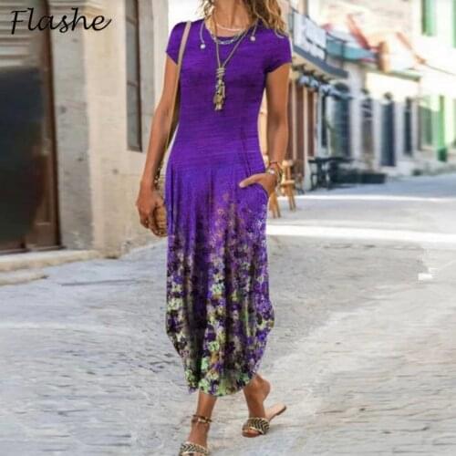 Casual Long Dress Women O Neck Short Sleeve Bohemian Dresses For Women Elegant Print Party Dress Women Slim A-Line Dress 2021