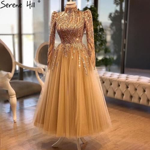 Muslim Gold Luxury Evening Dresses 2021 Long Sleeves Ball Gowns For Women Party Night BLA70987 Serene Hill