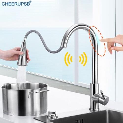 Kitchen Sink Smart Touch Faucet Stainless Steel Pull Out Tap Hot Cold Water Mixer Crane Intelligent Brushed Touch Control Faucet
