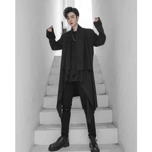 Mens autumn collar mid long Korean dark windbreaker stylist personalized ins shawl coat fashion design