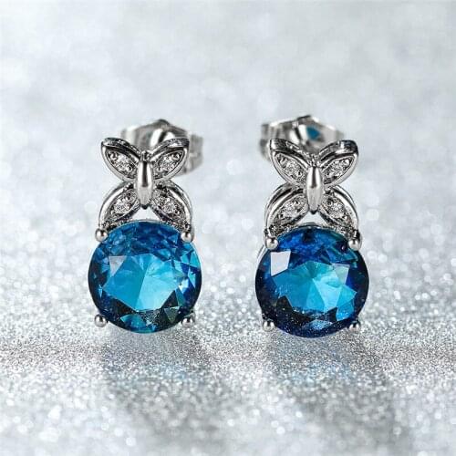 Blue Green Round Gradient Zircon Butterfly Stud Earrings For Women Wedding Jewelry Red Green Crystal Rainbow Stone Earrings Gift