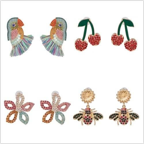 Fashion women rainbow flower crystal pendent earrings vintage statement Birds Earrings for women party gift