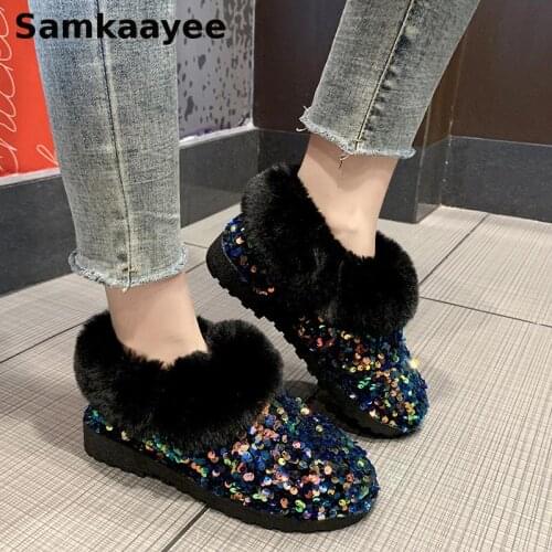 Size 36-41 Women Boots Winter Female Snow Botas Mujer Bling Platform Fur Martin Shoes Sequins Thick Bottom Non-Slip Flat Booties