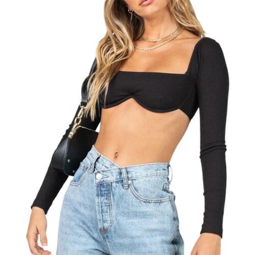 Womens Rib Knit Crop Tops Solid Color Long Sleeve Casual Tee Shirt Square Neck Exposed Navel Ladies Skinny Tee Top Pullover
