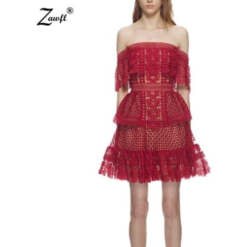 ZAWFL High Quality Women Hollow Out One Shoulder Ruffles Lace Dress Luxury Runway Self Portrait Dress