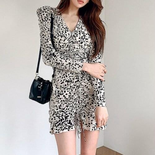 Plus Size Print Leopard Dress Autumn Winter 2021 New Long Sleeve Puff Sleeve Corset Mini Club Dress for Woman Ruched Sexy Dress