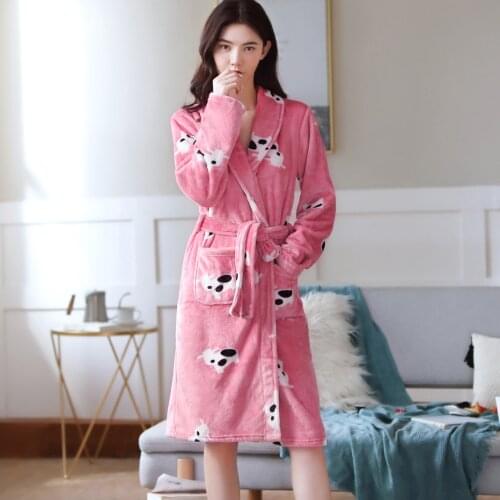 Winter Autumn Spring Flannel Kimono Robe Cute Cow Cartoon Animal Bathrobe Women Long Robe Night Casual Bath Robe Night Grow