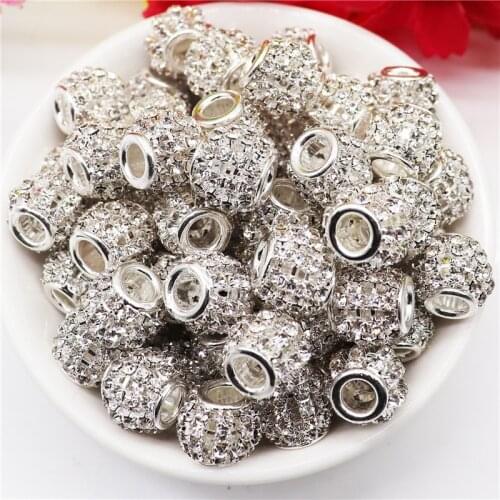 10Pcs White Clear Crystal Silver Plated Large Hole Brass Cubic Zirconia CZ Micro Pave Beads Spacers for Bracelets Jewelry Making