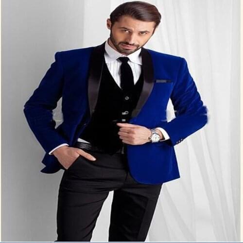 3 Pieces Royal Blue Mens Wedding Suits Slim Fit Shawl Lapel Velvet Casual V Neck Vest Costume Formal Terno Masculino Clothing