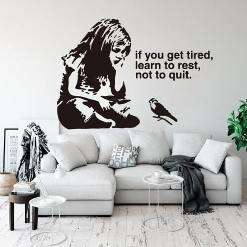 Banksy Girl Bird Think Get Tired Not Quit Rest Wall Sticker Graffiti Inspirational Quote Wall Decal Bedroom Kids Room Vinyl Deco