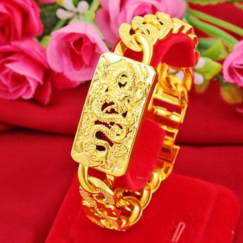 24K Gold Cuban Lucky Dragon Bracelets for Women Men Golden Curb 22cm Link Chains Mens Bracelets Fashion Jewelry Friends Gifts