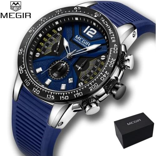 2019 New Top Brand Luxury Male MEGIR Men Sport Watch Date Chronograph Silicone Strap Quartz Army Military Watches Clock Gift Box
