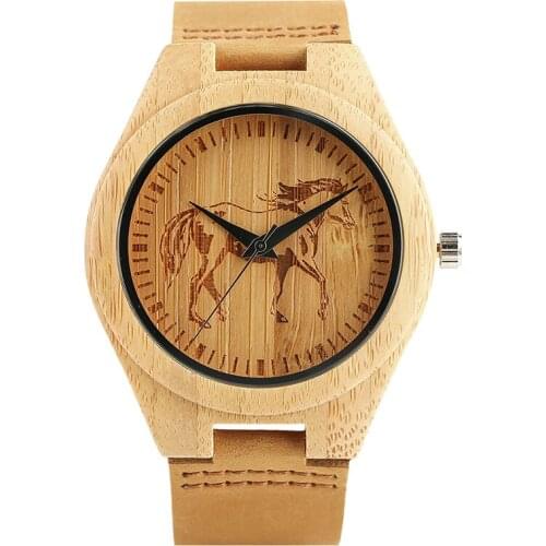 Unique Engraving Dial Wood Clock Fashion Eagle Horse Wooden Watches Quartz Wristwatch Men Genuine Leather Gift Relogio Masculino