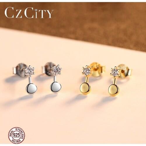 CZCITY 925 Sterling Silver Round Stud Earrings for Women Dating Party Shiny CZ Double Colors Simple Design Female Fine Jewelry