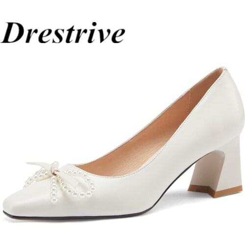 Drestrive Beige Women Pumps Beaded Full Genuine Leather Big Size 43 Summer Butterfly Knot Pointed Toe Thick High Heel Shoes