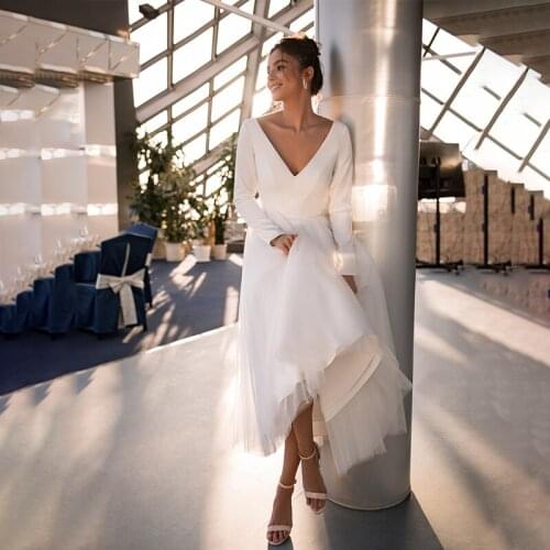 Elegant Wedding Dress Long Sleeves V Neck Beading Belt Bridal Gown A Line Short Bridal Gown Robe