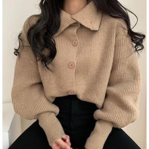 Sweater Women Lapel Buttoned Cardigan Spring Fall Turtleneck Long Sleeve Solid Sweaters Tops Ladies korean Style Jacket 2021