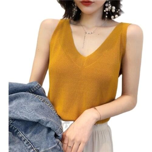 2021New Female casual knitted vests Women Tops V-neck sleeveless Tanks summer knit shirts Woman Pink Black Korea camisole Femme