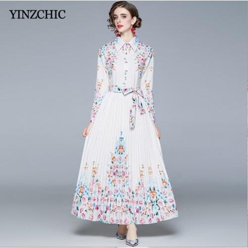 New Woman Spring Pleated Maxi Dress Turn-down Collar Female Elegant Party Skirt Slim White Floral Long Skirts Femme Vestidos
