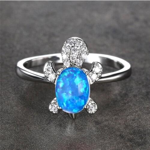 Charm Fashion Silver Color Animal Ring Cute Female Small Turtle Ring Dainty Blue Opal Oval Stone Rings For Women Wedding Jewelry