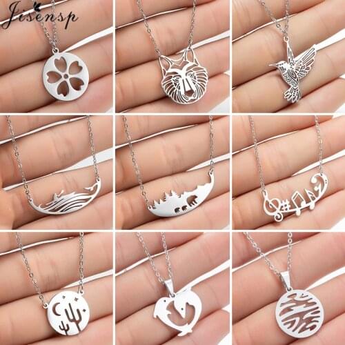 Stainless Steel Animal Hummingbird Necklaces for Women Girls Geometric Wave Bear Cactus Pendant Necklace Gold Collier 2020