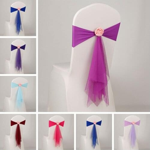 HOT 10pcs/lot spandex sashes with rose ball artifical flower and organza chair sash wedding lycra bow tie band wholesale