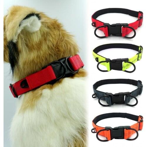 Adjustable Double D Ring Reflective Nylon Pet Collar Belt For Medium Large Dog Pure Color Anti-bite And Anti-lost Traction Belt