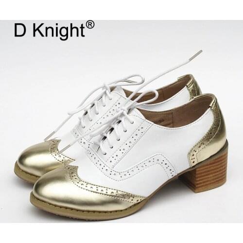 Handmade Women High Heels Oxfords Genuine Leather 5cm Height Square Heel Basic Shoes New Color Block Lace-Up Shoes Women Brogues