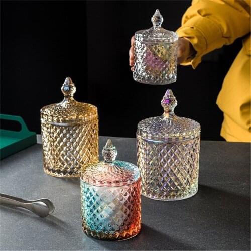 Nordic Colorful Diamond Glass Spice Jar With Lid Candy Seasoning Storage Tank Jewelry Cotton Swab Container Makeup Brush Holder