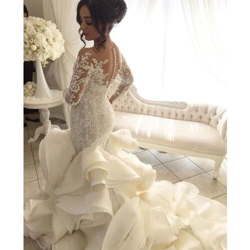 Plus Size 2019 Fashion Mermaid Wedding Dresses New Arrival Lace Long Sleeve Muslim Vestido De Noiva Romantic Appliques Ruffles
