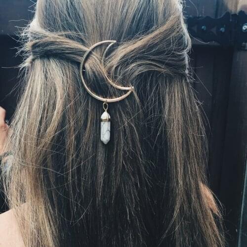 Cute Girls Opal Natural Stone Moon Hair Clips For Women Hexagonal Column Quartz Hairpin Female Wedding Hair Accessories Gifts