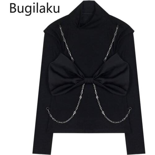 Bugilaku Autumn New Black Turtleneck T Shirts Women Chian Decoration Bow Knot Long Sleeve Tshirts Fake Two Piece Basic Tops