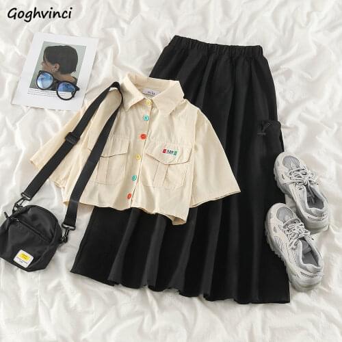 Women Sets Summer Loose Casual Single Breasted Cropped Tops Elastic Waist Cargo Solid Streetwear Mid-calf Skirts Harajuku Chic