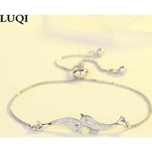 Female Korean Fashion Zircon Double Dolphin Pulling Method S925 Silver Plated Platinum Bracelet HB99