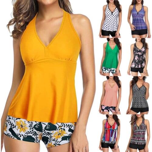 Women 2Pcs Bathing Suit Sexy V Neck Sleeveless Tankini Tank Tops + Shorts Bikini Set Swimsuit
