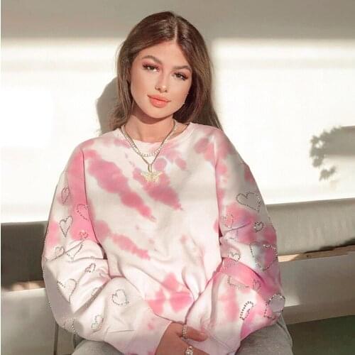 Woman Casual Pullover Hoodies Round Neck Long Sleeve Heart Bronzing Diamond Tie-dye Print Loose Tops