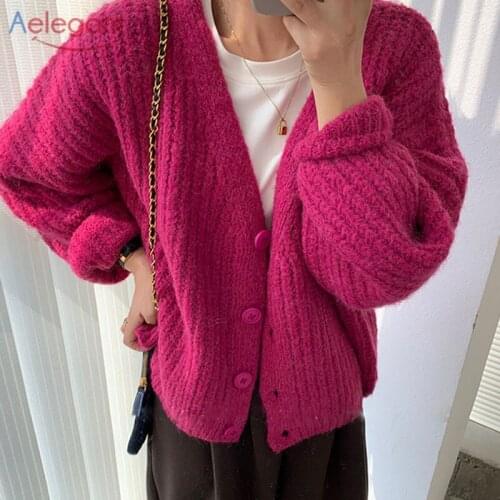 Aelegantmis Autumn Winter Knitted Cardigans Sweater Women Korean Solid Soft Warm Sweaters Vintage Button Causal Tops 2021 Chic