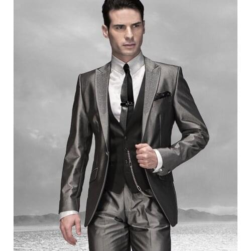 2016 Newest Groom Tuxedo Groomsmen Shiny Gray Wedding/Dinner/Evening Suits Best Man Bridegroom (Jacket+Pants+Tie+Vest) B14